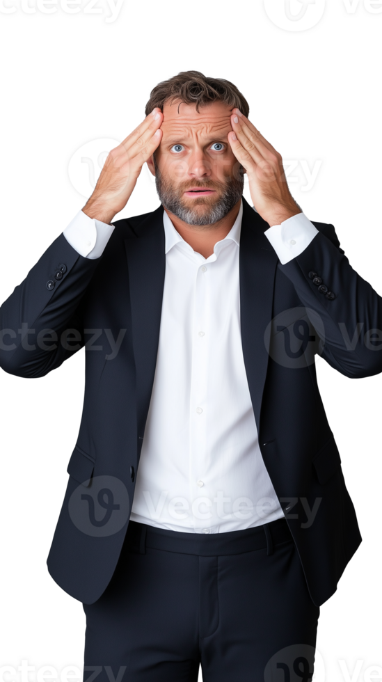 Businessman in formal suit touching his head with a thoughtful expression on transparent background png