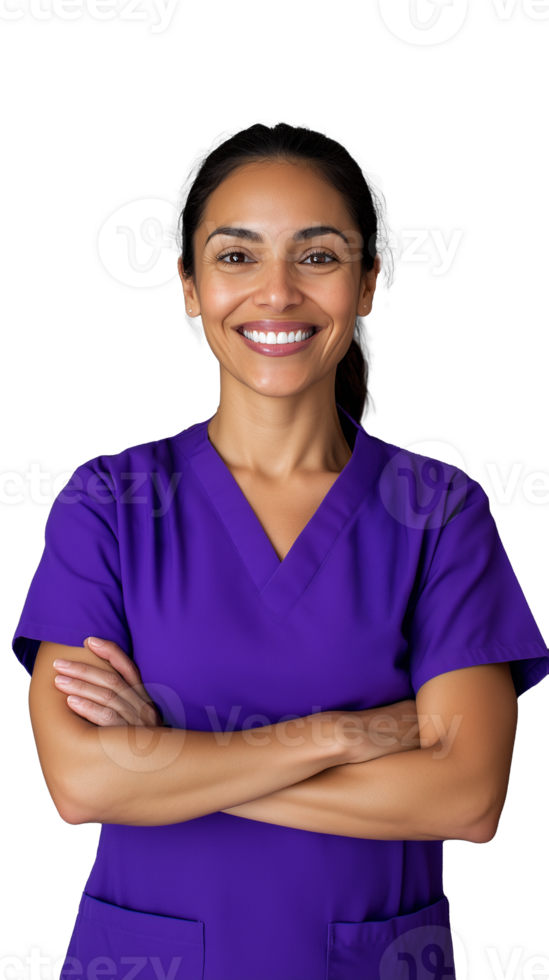 Female nurse in purple scrubs smiling confidently with arms crossed on transparent background png
