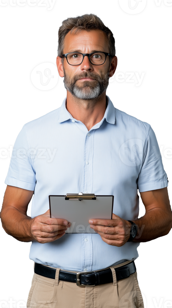 Mature man with glasses holding clipboard and smiling confidently on transparent background png