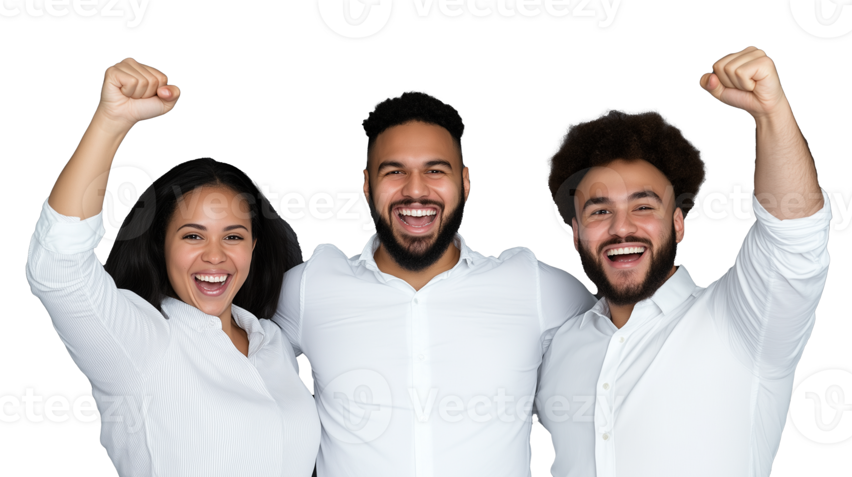 Happy group of three celebrating success with arms raised and smiling on transparent background png