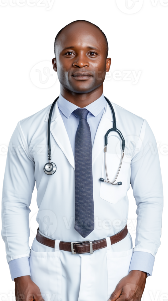 Black male doctor in white coat smiling confidently with stethoscope around his neck on transparent background png