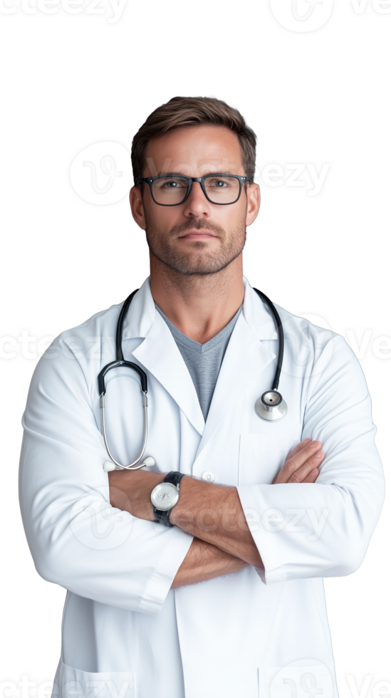 Male doctor with glasses crossing arms confidently while standing in white coat on transparent background png