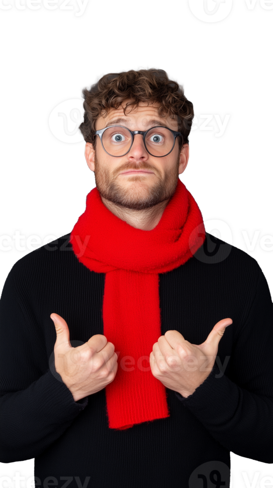 Young man in black shirt and red scarf giving thumbs up with a confident smile on transparent background png