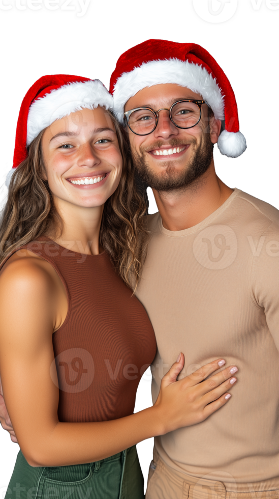Smiling couple wearing Santa hats hugging and looking happy on transparent background png