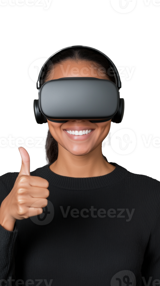 Smiling woman wearing virtual reality headset and giving thumbs up confidently on transparent background png