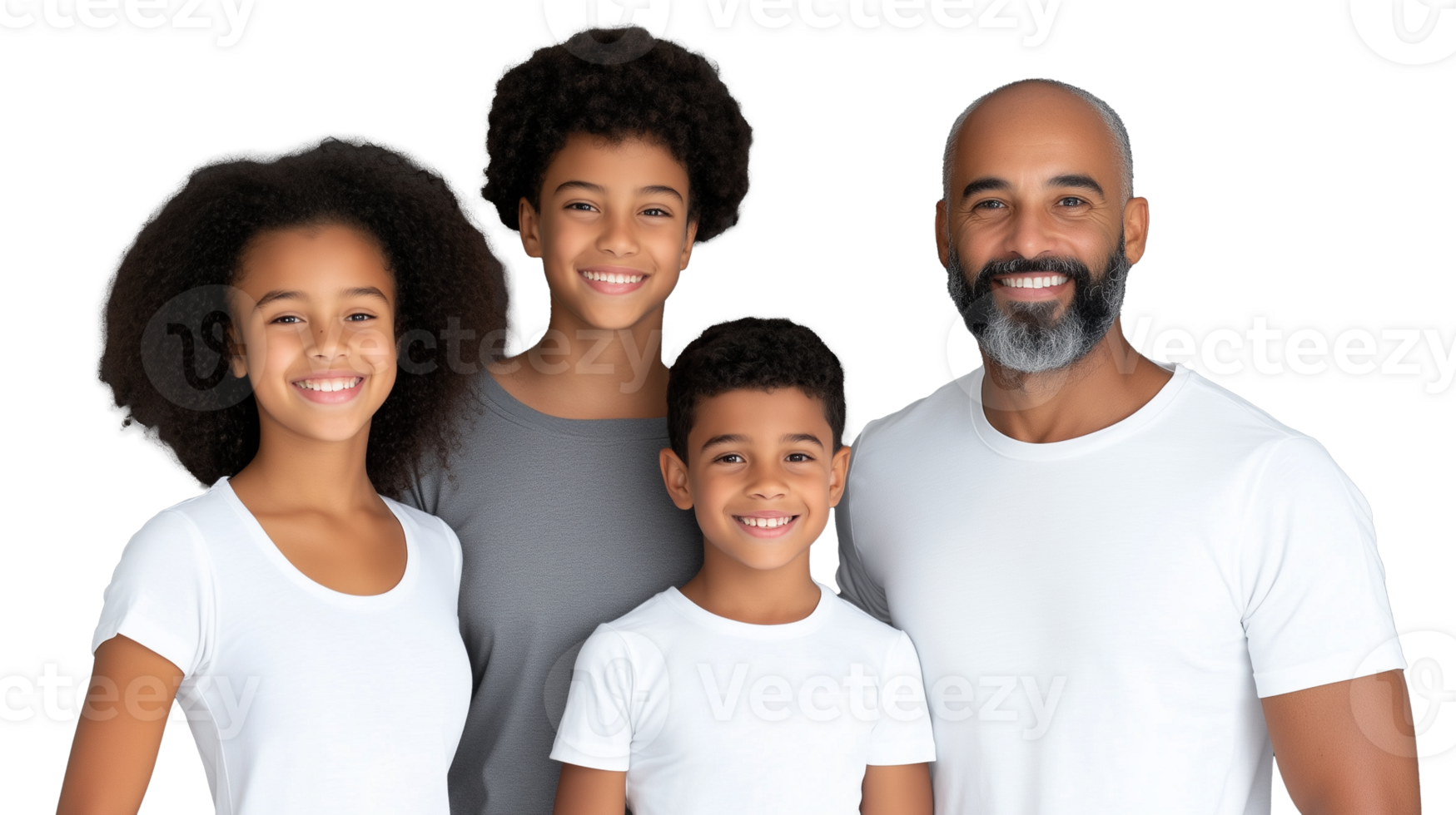 Happy mixed-race family of four smiling together, parents and children posing on transparent background png