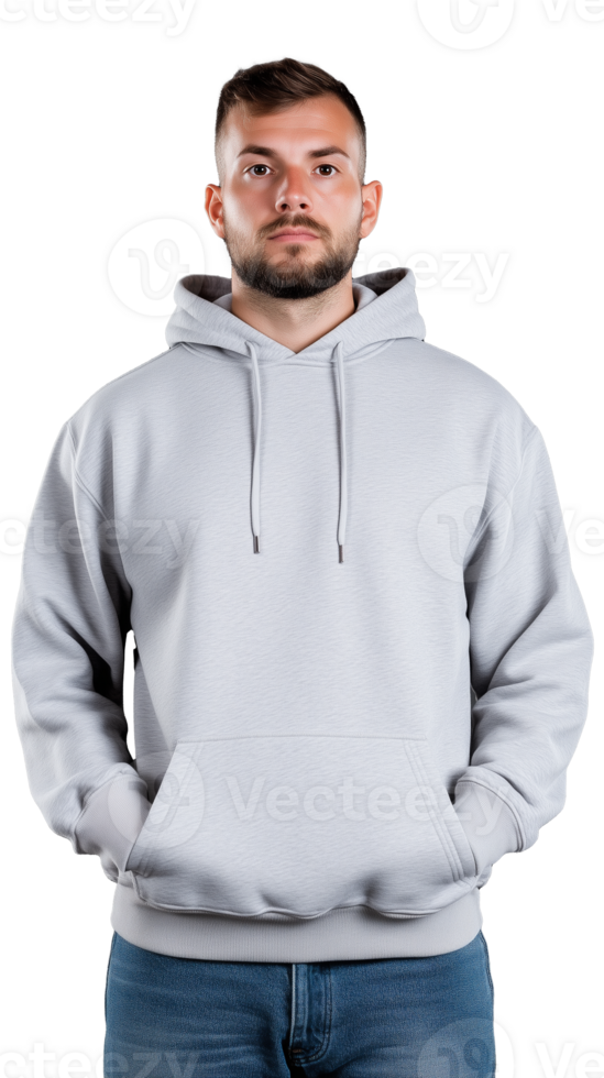 Serious man in gray hoodie standing with hands in pockets on transparent background png