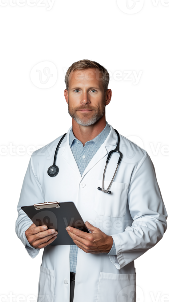 Confident male doctor with stethoscope and paper organizer folder standing and looking serious in white coat on transparent background png