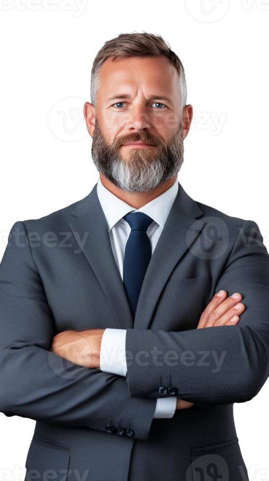 Mature businessman with beard crossing arms and looking serious in formal suit on transparent background png