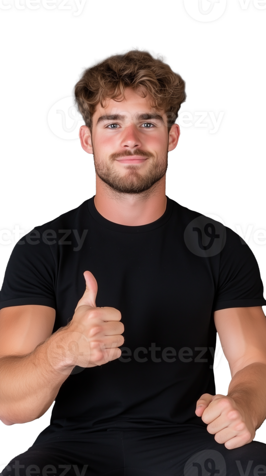 Man in black t-shirt giving thumbs up and smiling confidently while sitting on transparent background png