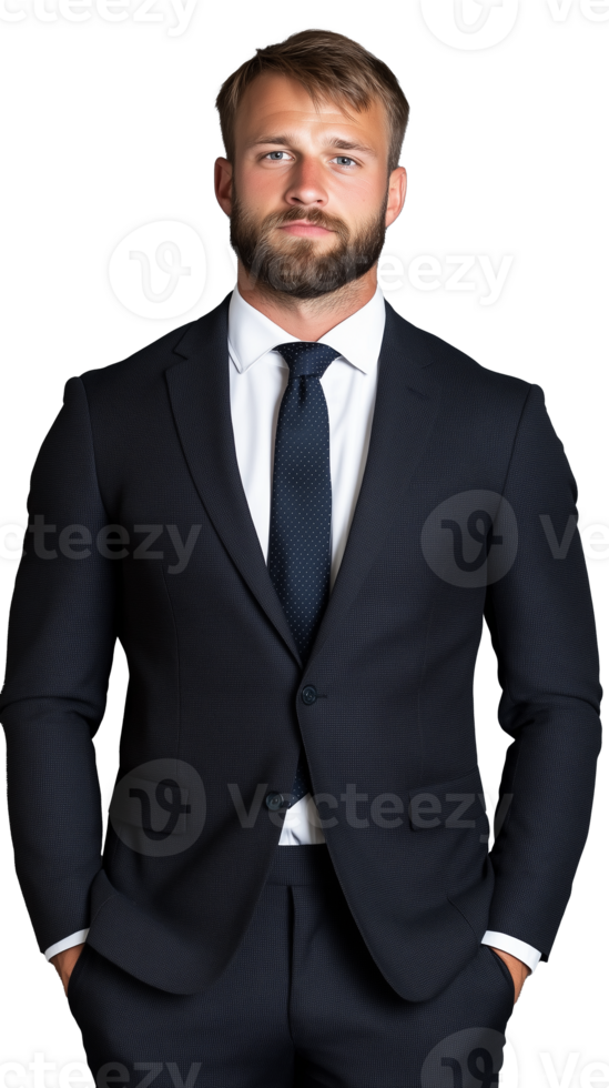 Businessman in dark suit with serious expression standing with hands at sides on transparent background png