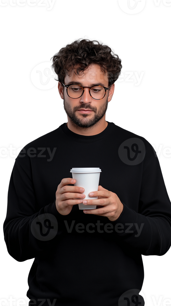 Man in black sweater holding coffee cup and looking down thoughtfully on transparent background png