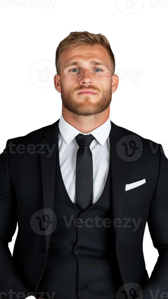 Businessman adjusting his tie while standing in formal suit with a determined expression on transparent background png