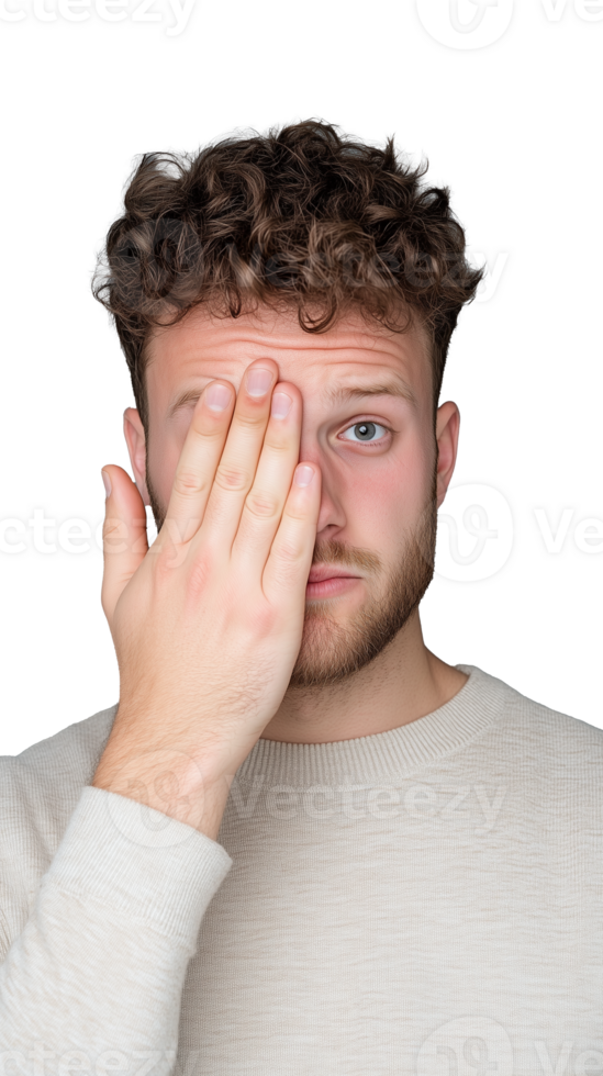 Man covering one eye with hand, looking serious on transparent background png