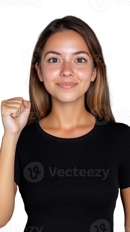 Young woman in black shirt raising fist and smiling confidently on transparent background png