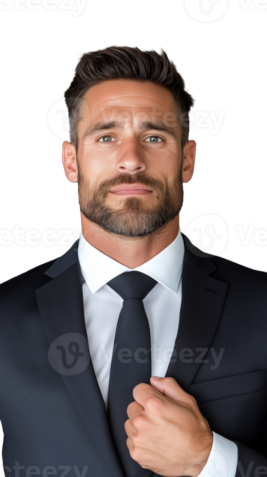 Businessman in dark suit with beard posing confidently on transparent background png