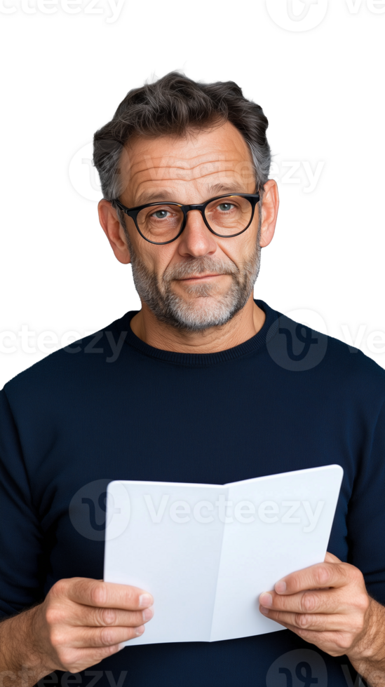 Businessman in casual outfit holding papers and reading them with focused expression on transparent background png
