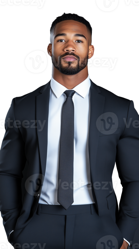 Smiling businessman in suit standing with hands in pockets, exuding confidence on transparent background png