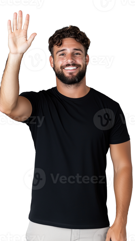 jovem homem dentro Preto camiseta acenando e sorridente alegremente em transparente fundo png