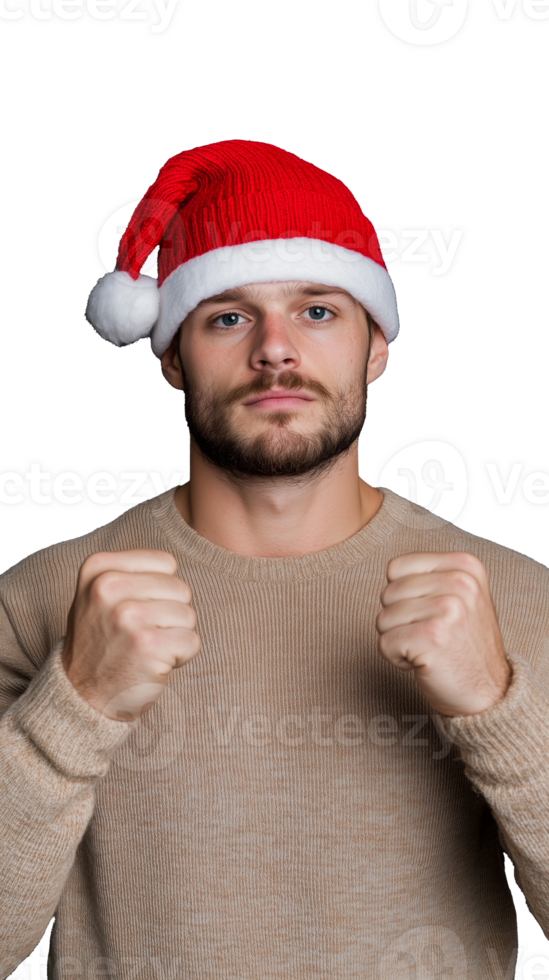 Man in beige sweater and Santa hat standing and showing fists in excitement on transparent background png