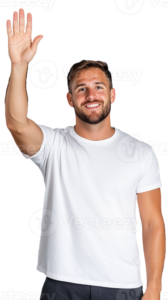 Happy man in white t-shirt waving and smiling on transparent background png