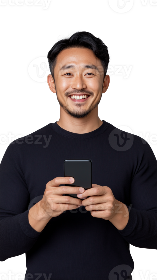 Smiling man in black shirt holding a smartphone and looking happy on transparent background png