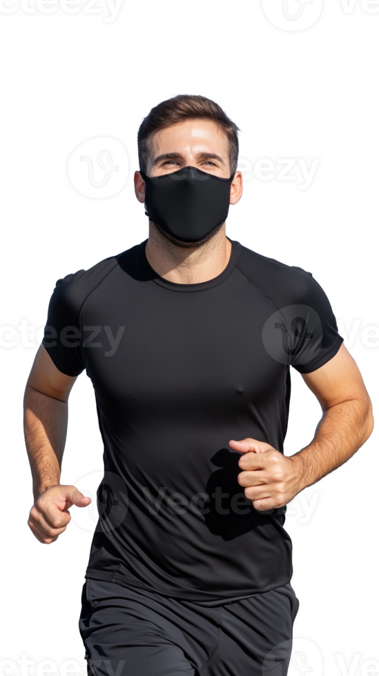 Man in black athletic gear running and wearing a face mask with a determined expression on transparent background png