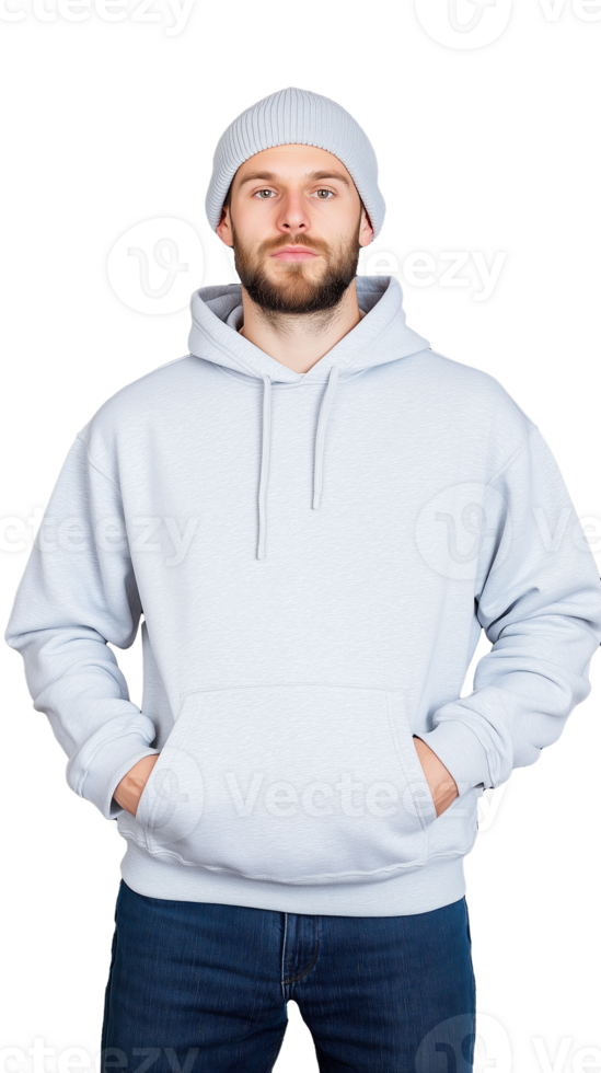 Man in light gray hoodie with hands in pockets, looking casual and relaxed on transparent background png