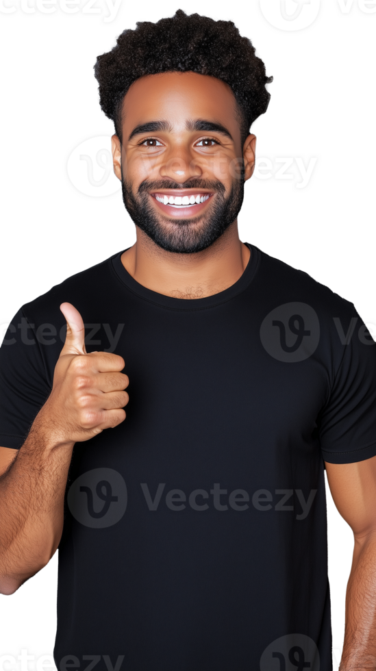 Smiling man in black t-shirt giving thumbs up and standing confidently on transparent background png