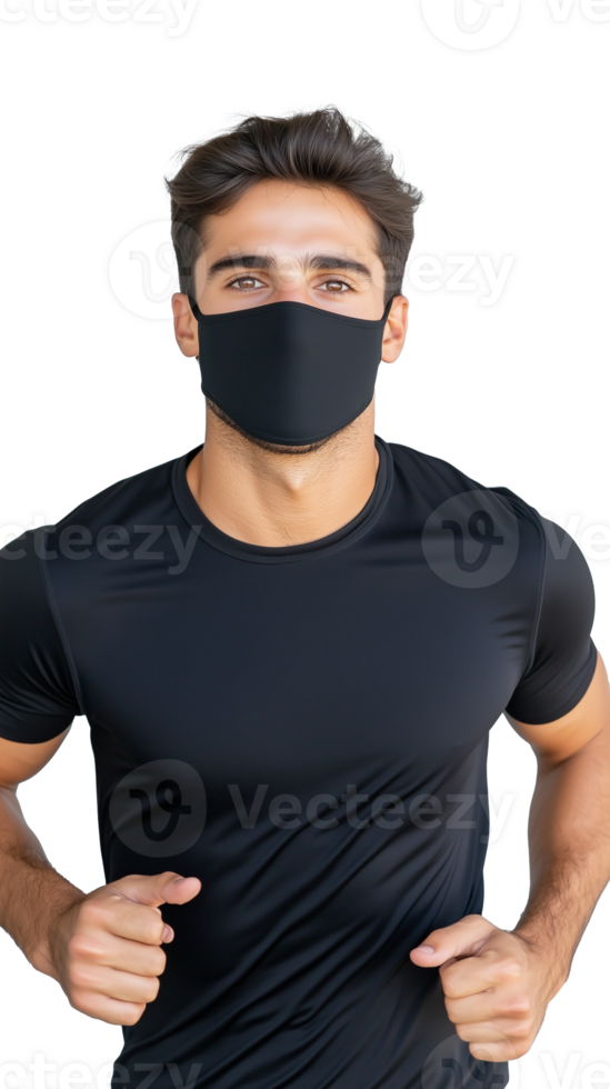 Young man in black t-shirt and face mask running and looking focused on transparent background png