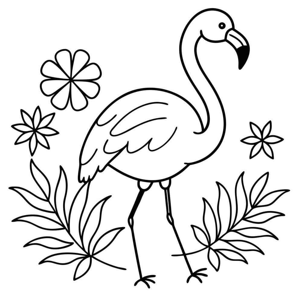 Line Art Flamingo with Tropical Florals vector