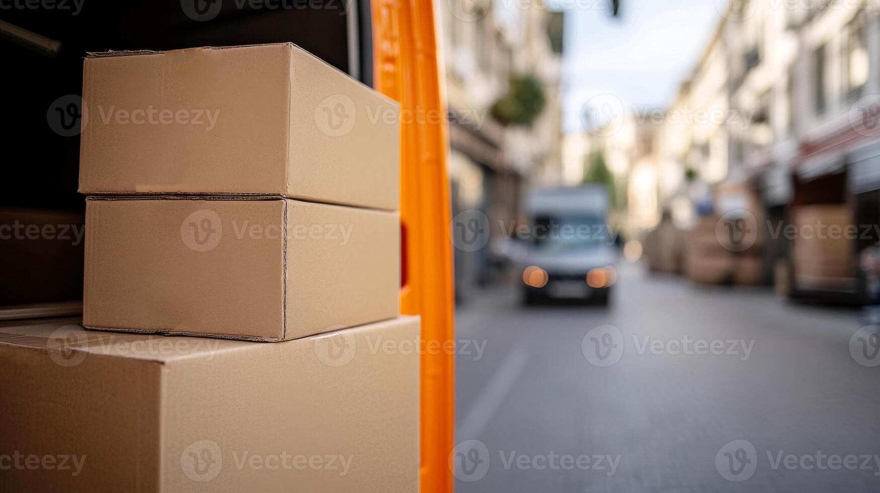 A delivery truck and lots of cardboard boxes. Boxes waiting to move into a new house. The concept of cargo delivery. photo