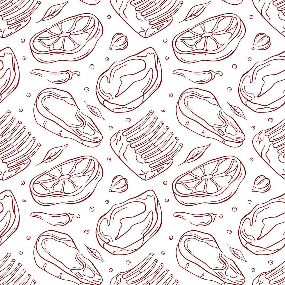 Seamless pattern with various meat cut, including steak, rib and chop in a line art style. Perfect for food packaging, background, butcher shop designs and culinary themes. vector