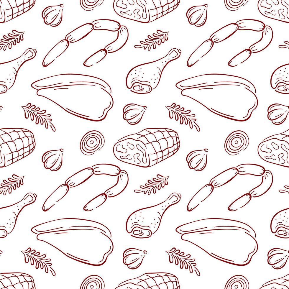 Seamless pattern of various meat cut, including chicken, sausage and ham in line art style. Ideal for food packaging, restaurant branding and culinary design. vector