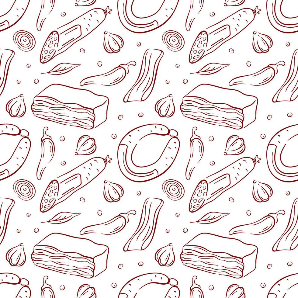 Seamless pattern of meat product, including sausage, bacon and salami line art style. Perfect for food branding, butcher shop design and culinary packaging. vector
