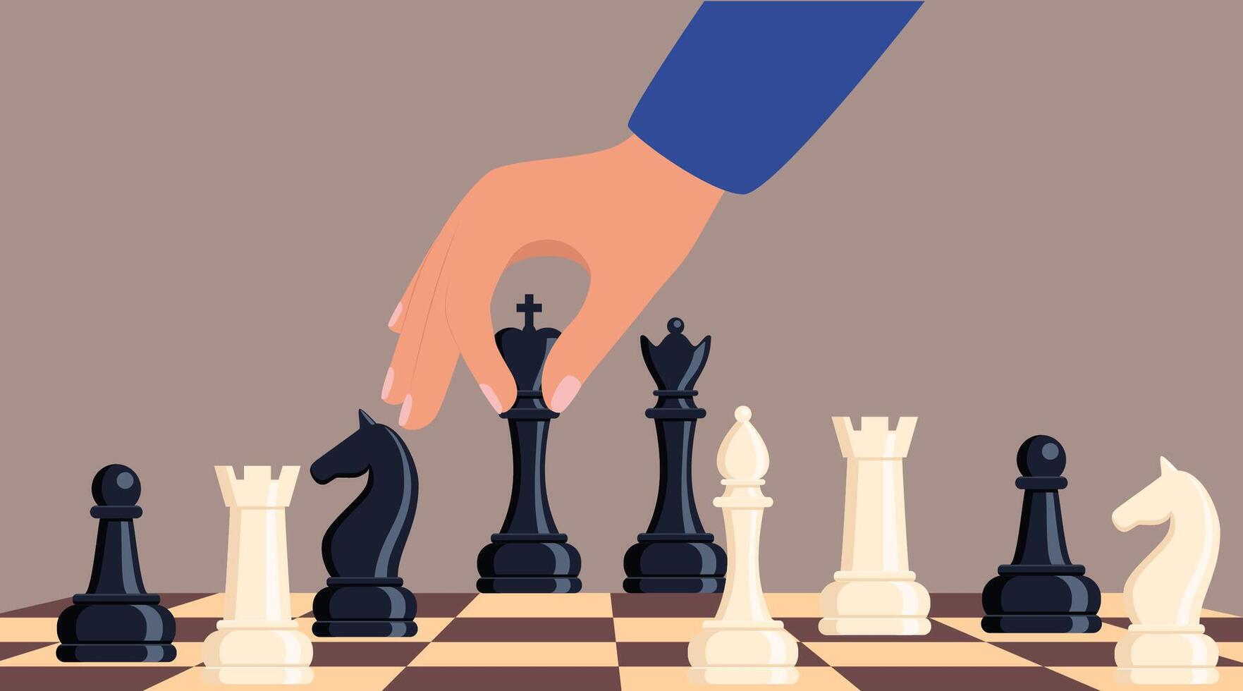 Playing chess. Hand moving chessman piece king. Chess game tournament, thinking intelligence competition. illustration. vector