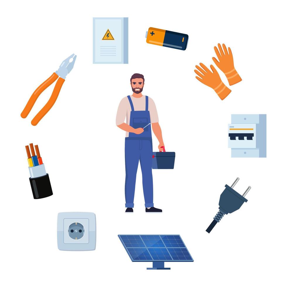 Essential Electrical Repair Tools for Professional Technician, Socket Maintenance Service. Electrician worker equipment for electric power system inspection. Electricity, energy concept. . vector