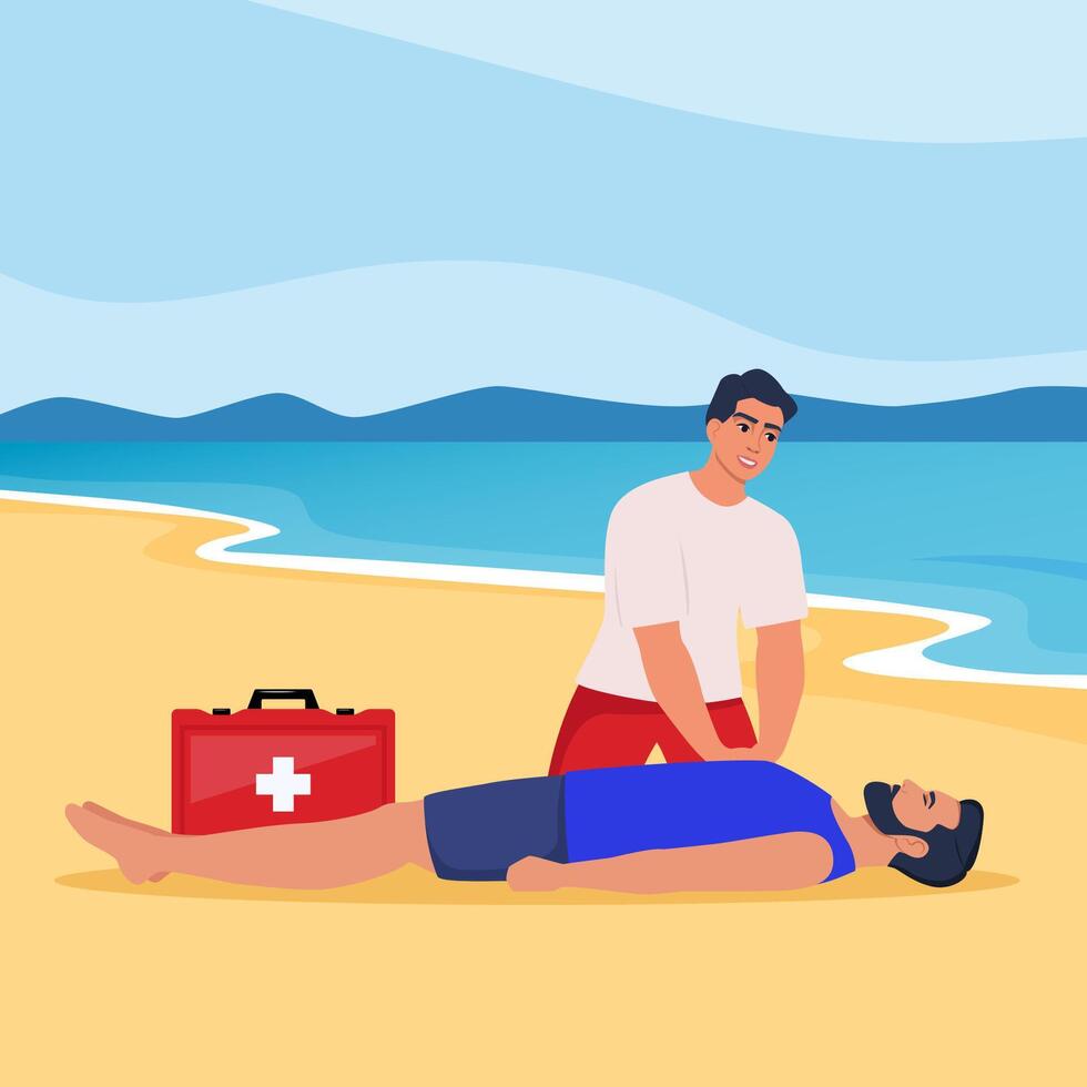 Beach lifeguard performs indirect heart massage to drowning man rescued from the water. Emergency drowning assistance situation. Cardio Pulmonary Resuscitation. . vector