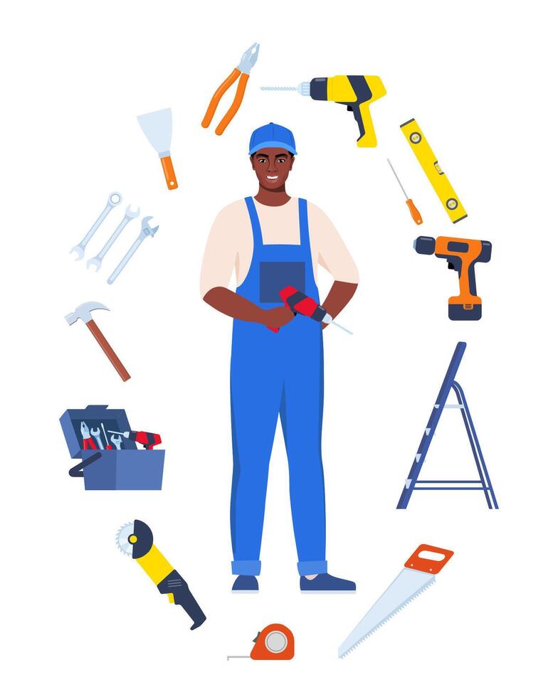 Repairman or mechanic and collection of tools. Black man character in uniform with set of professional instruments. illustration. vector