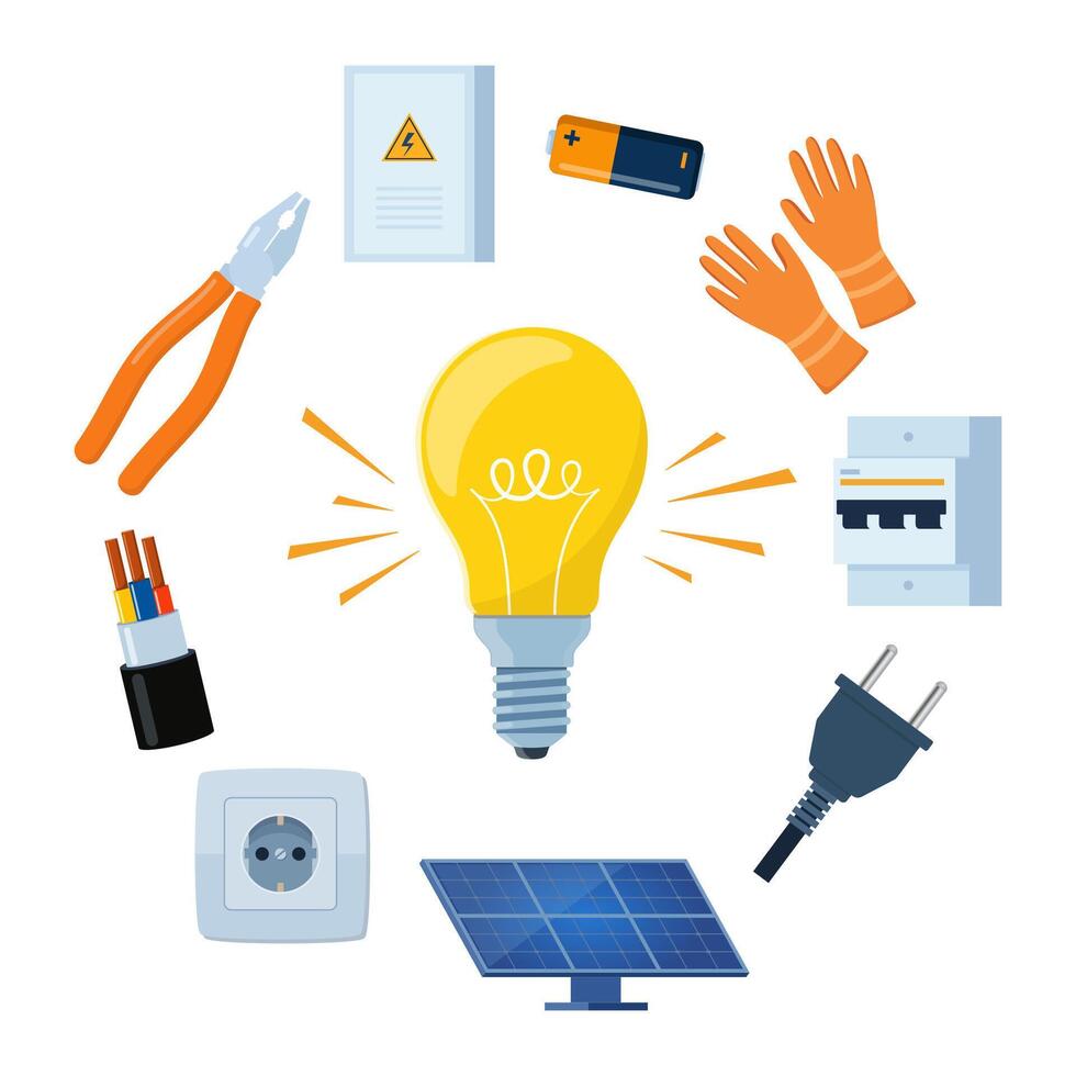 Essential Electrical Repair Tools for Professional Technician, Socket Maintenance Service. Electrician worker equipment for electric power system inspection. Electricity, energy concept. . vector