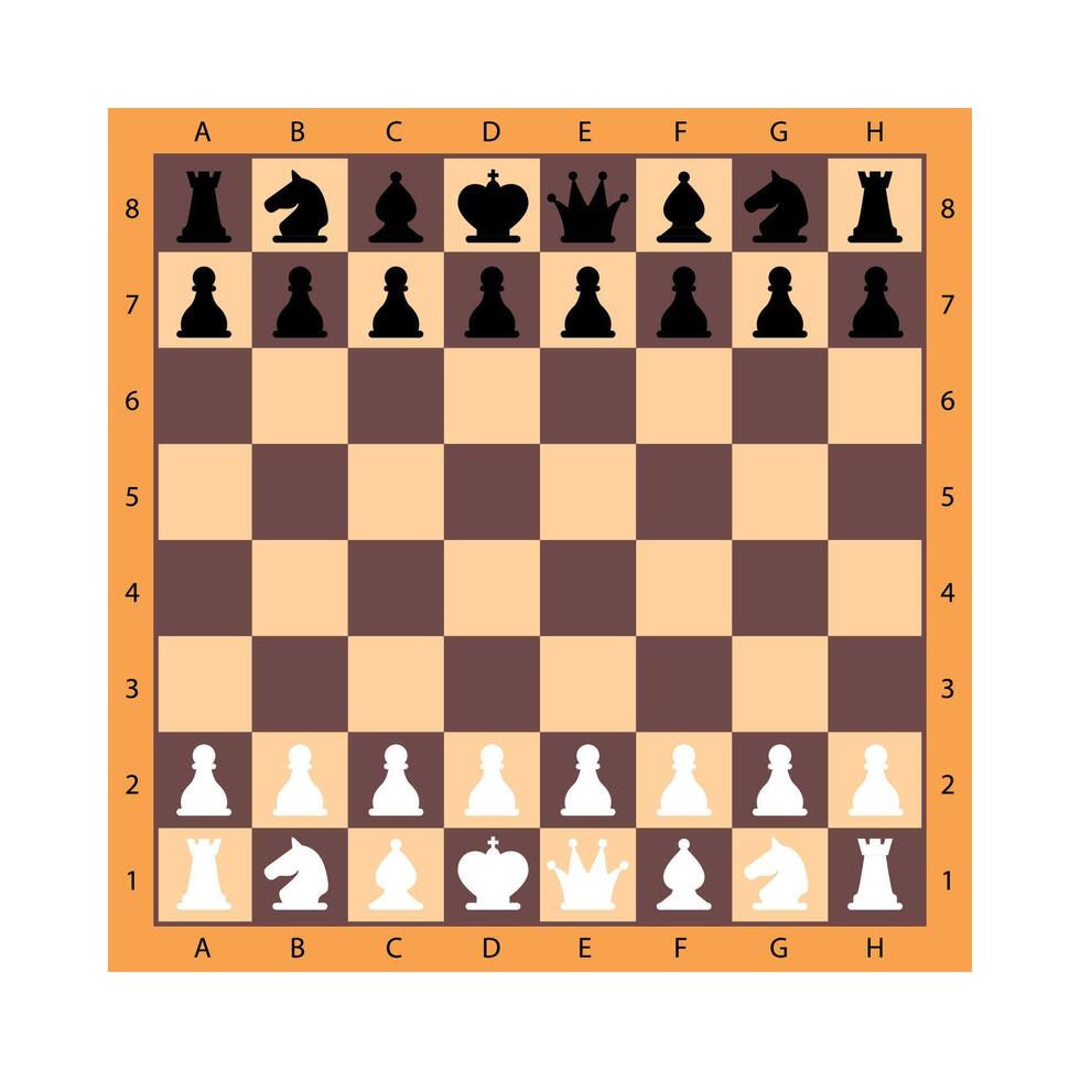 Wood checkered chess board with chess pieces. Chessman in flat style. Game figures. Strategy game, intelligent hobby activity, competition or tournament. illustration. vector
