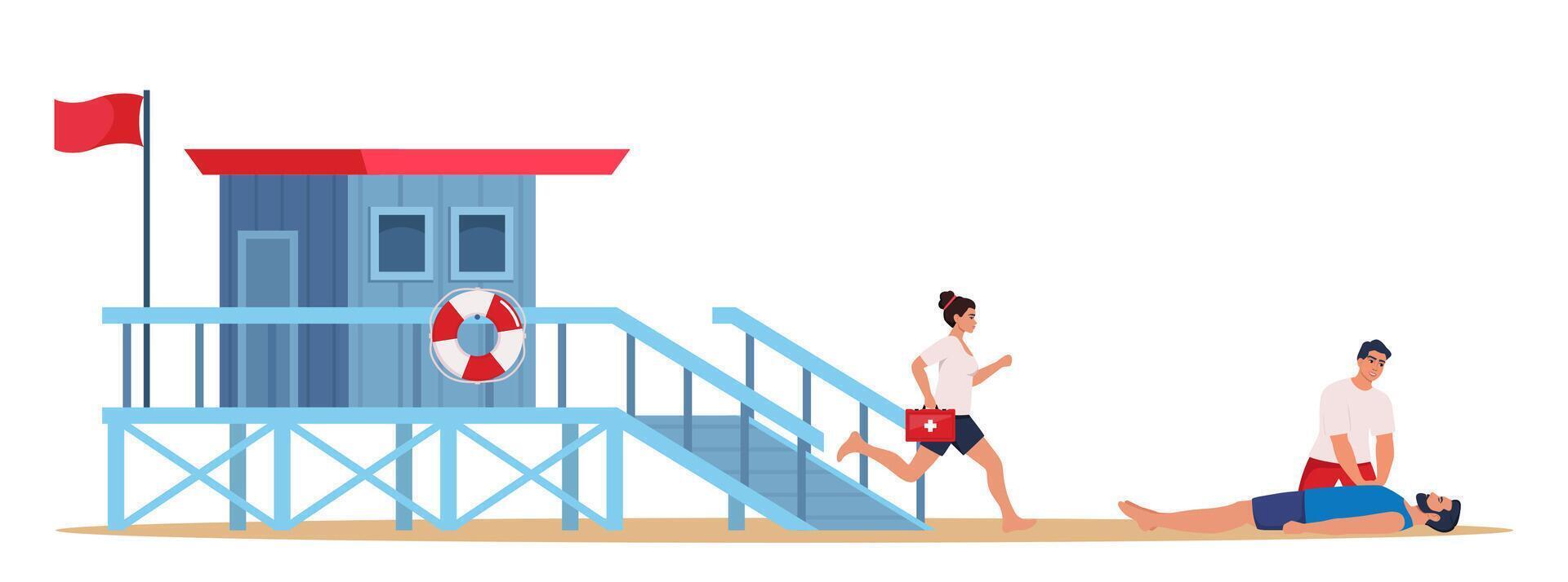 Beach lifeguard performs indirect heart massage to drowning woman rescued from the water. Lifeguard tower and professional beach lifeguard with first aid kit. Cardio Pulmonary Resuscitation. . vector