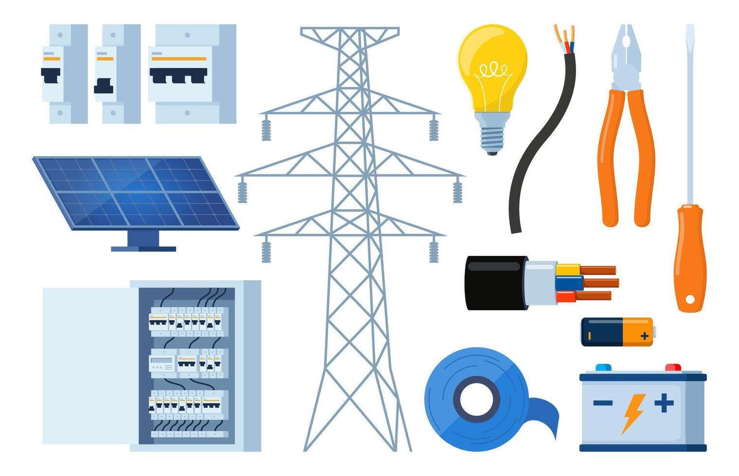 Essential Electrical Repair Tools for Professional Technician, Socket Maintenance Service. Electrician worker equipment for electric power system inspection. Electricity, energy concept. . vector