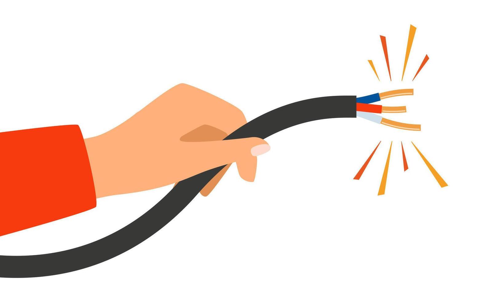Hand holding broken electrical cable with electric spark. Electric broken cable isolated on white background. vector