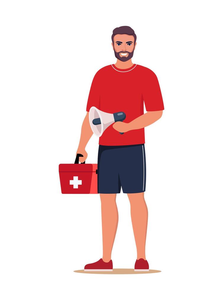 Professional beach lifeguard standing with loudspeaker and red medical first aid kit box. Young man works in emergency aid on the beach. Security staff, safety on water worker. illustration. vector