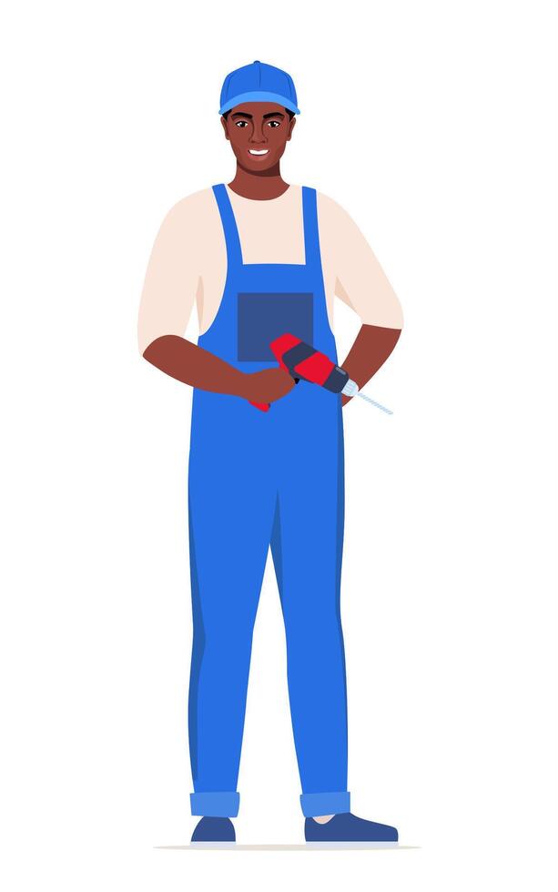 Repairman or mechanic black man character in blue uniform. illustration. vector