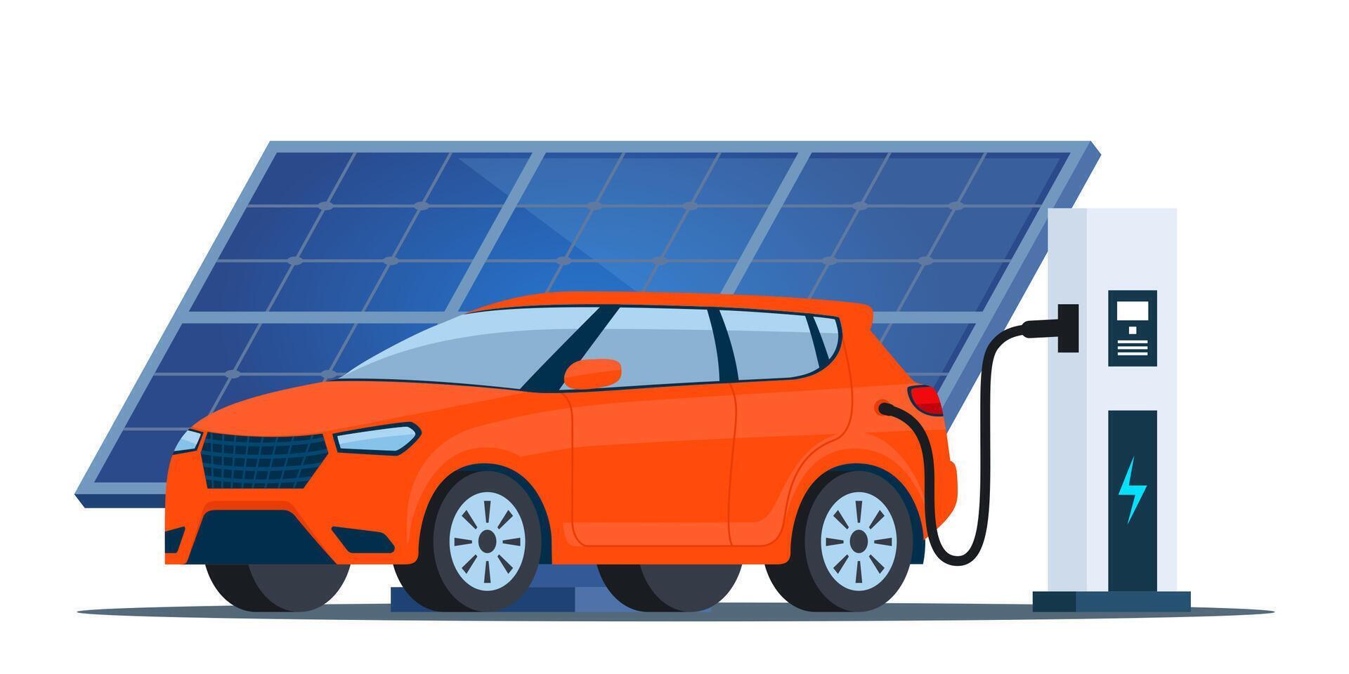 Electric car charging, side view. Solar panel. Modern urban landscape with high-rise buildings skyscrapers. Ecologically clean transport, eco-city. illustration. vector