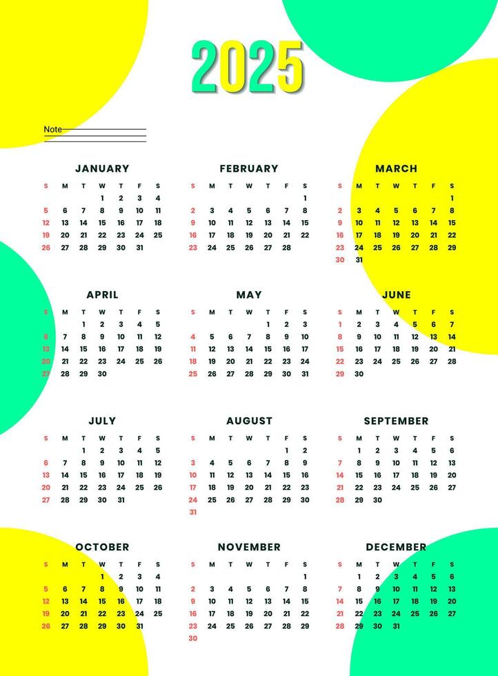 Colorful 2025 new year calendar template in printable design vector