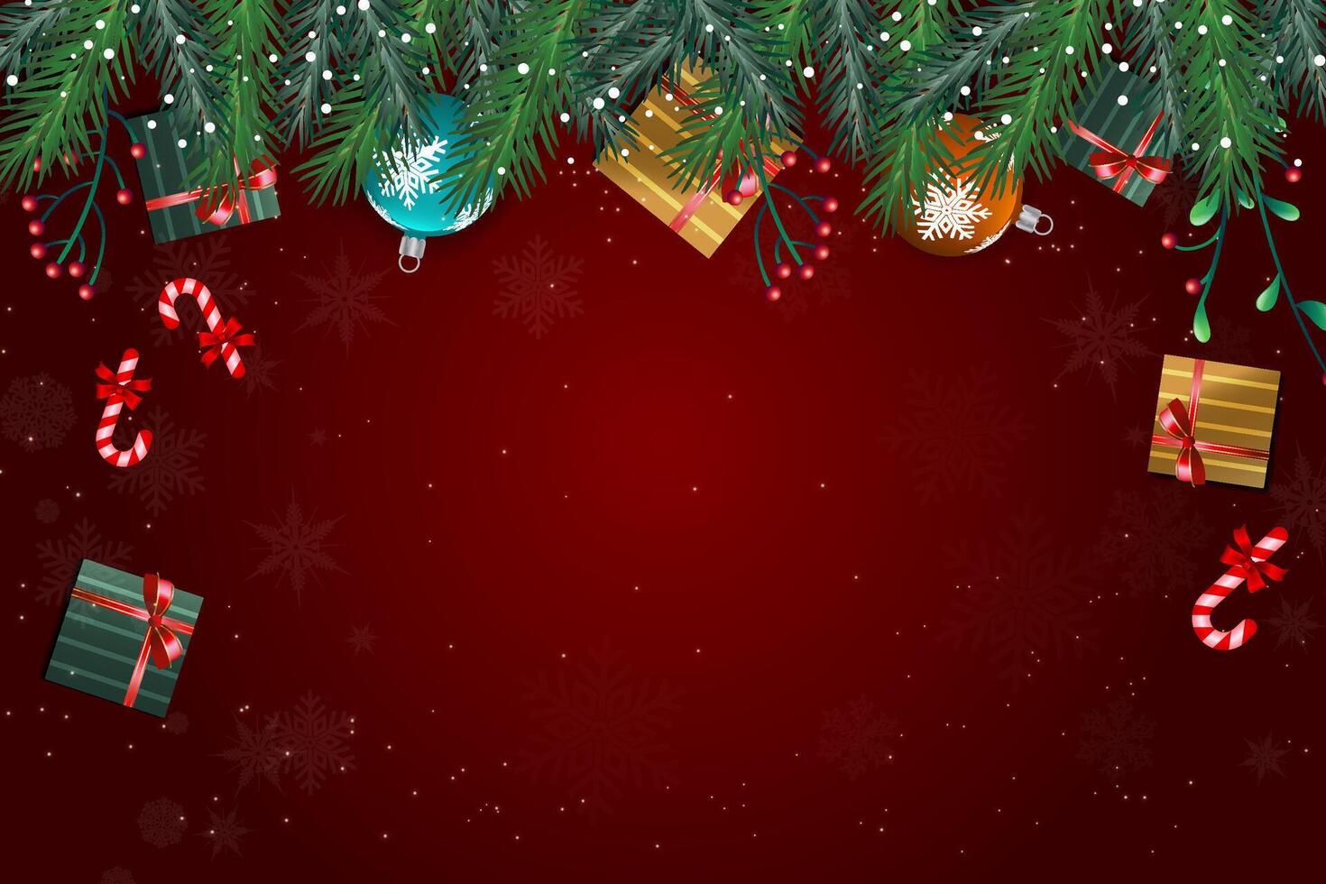 Christmas Background with Pine Branches, Baubles, Gifts, and Candy Canes on Red vector