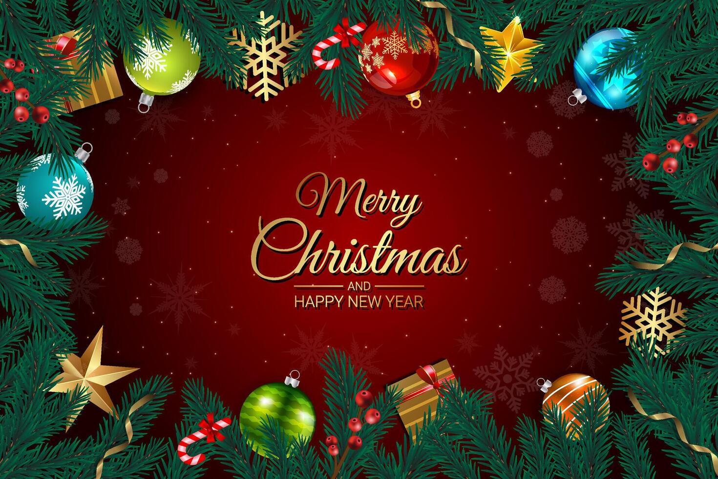 Festive Christmas card with ornaments and fir branches on a red background vector